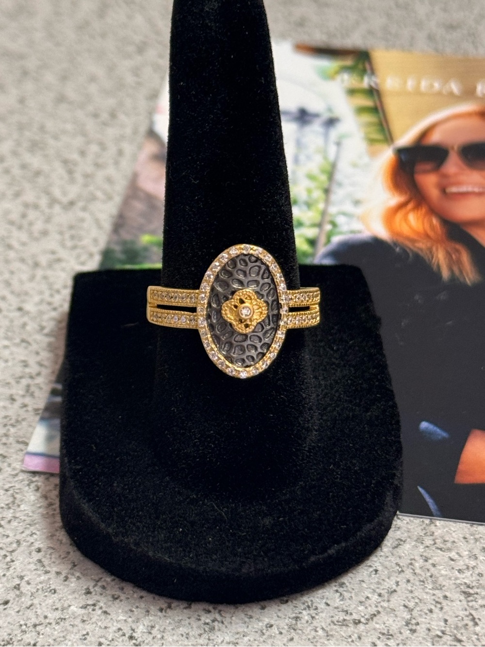 Freida Rothman Gold & Black Oval Textured Cocktail Ring